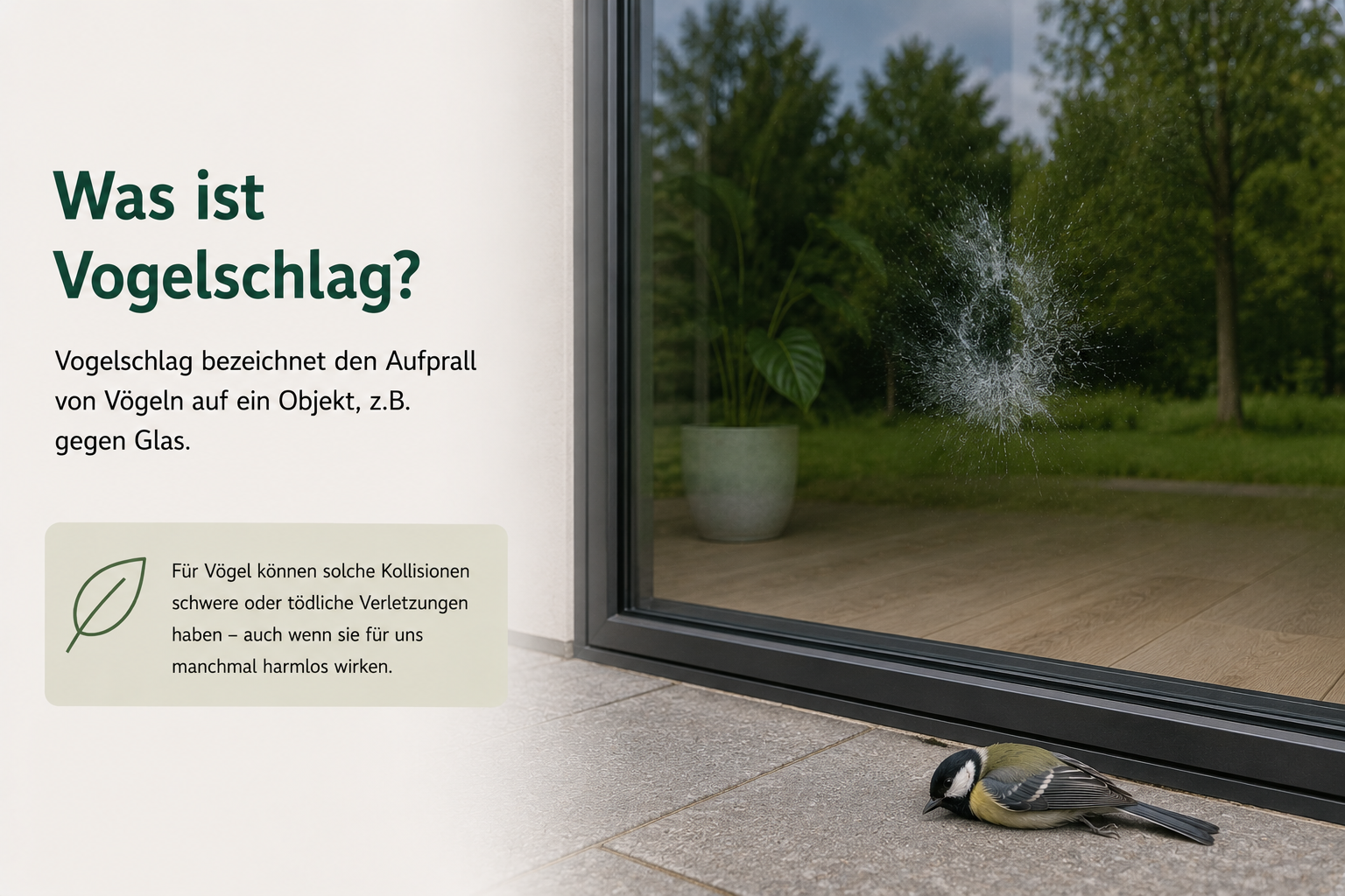 Bild zeigt liegenden Vogel vor einer Glasscheibe